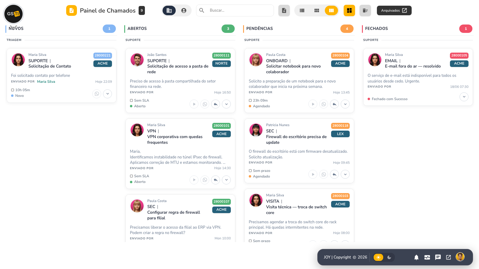 Painel de chamados — Kanban