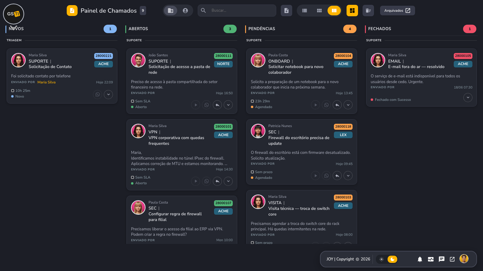 Chamados — Kanban no tema escuro