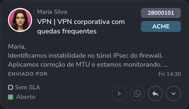 Card de chamado no Kanban — resumo e ações rápidas